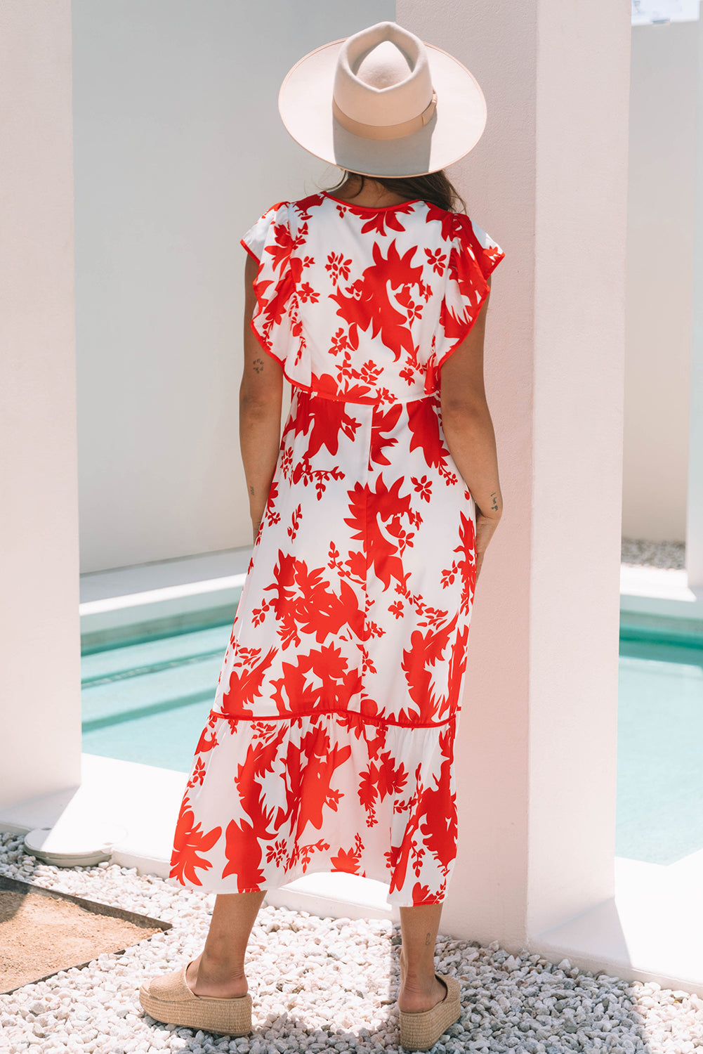 Women's Red Floral V Neck Ruffle Sleeve Summer Midi Dress