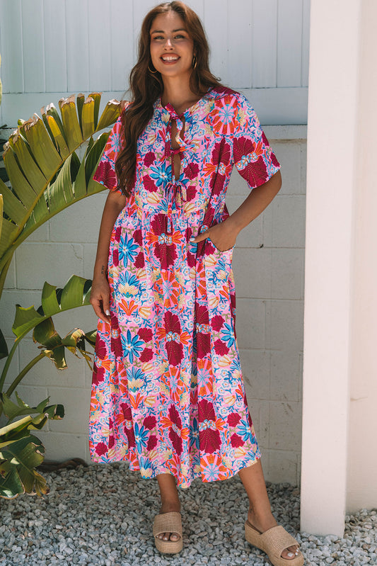Women's Pink Floral Short Sleeve Summer Midi Dress