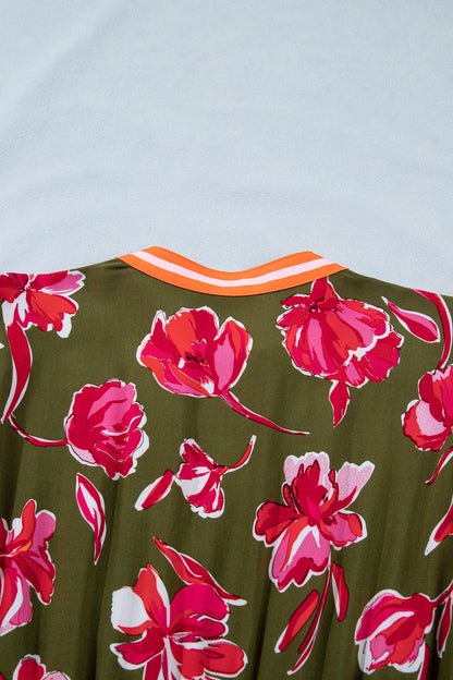 Women's Green Floral Trim Split Neck Short Puff Sleeve Summer Midi Dress