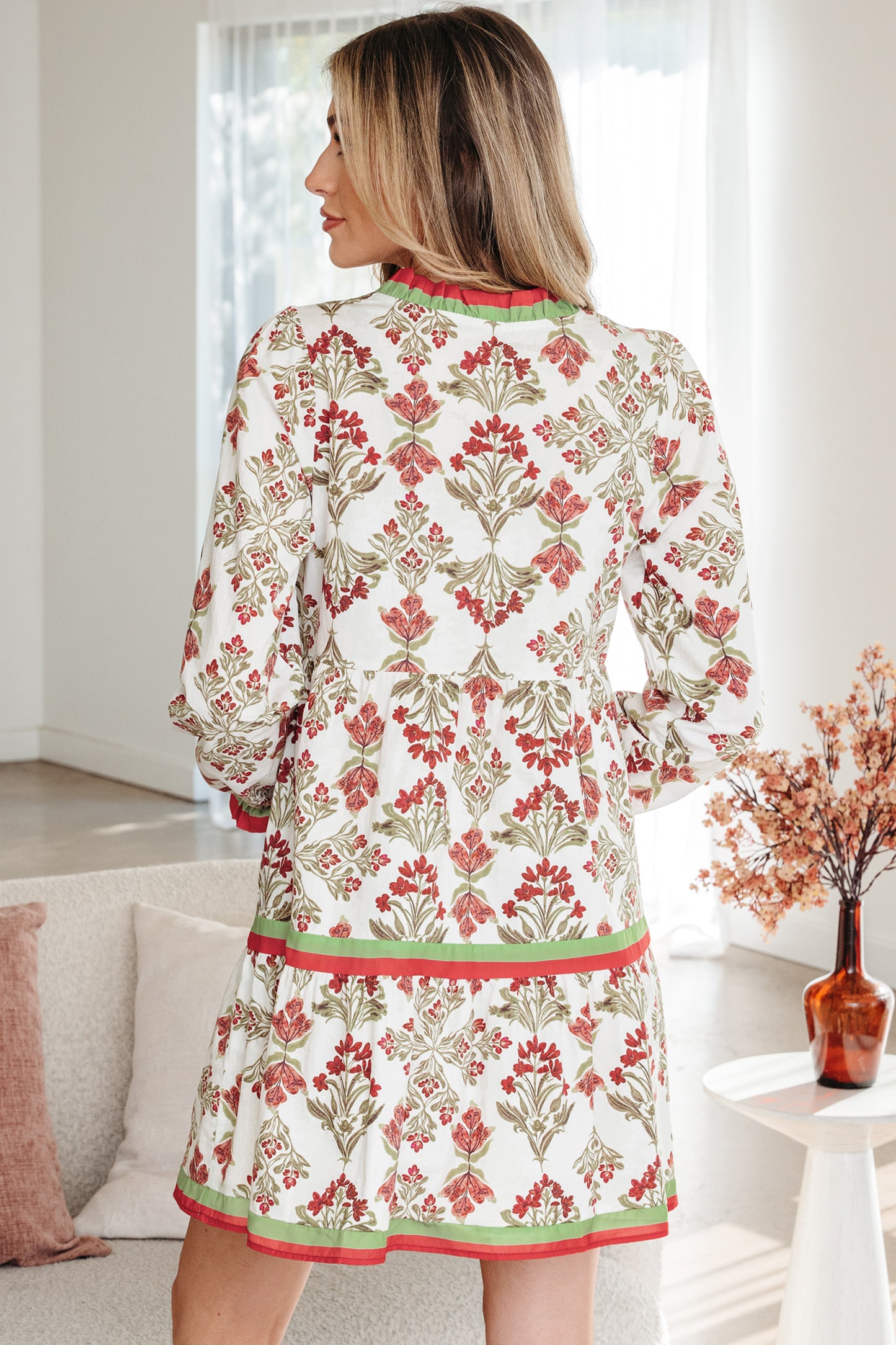 Women's Pink Floral Long Sleeve Summer Mini Dress