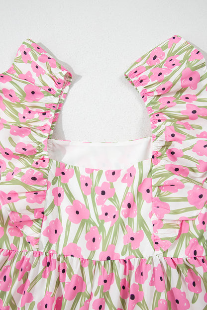 Women's Pink Floral Square Neck Summer Maxi Dress