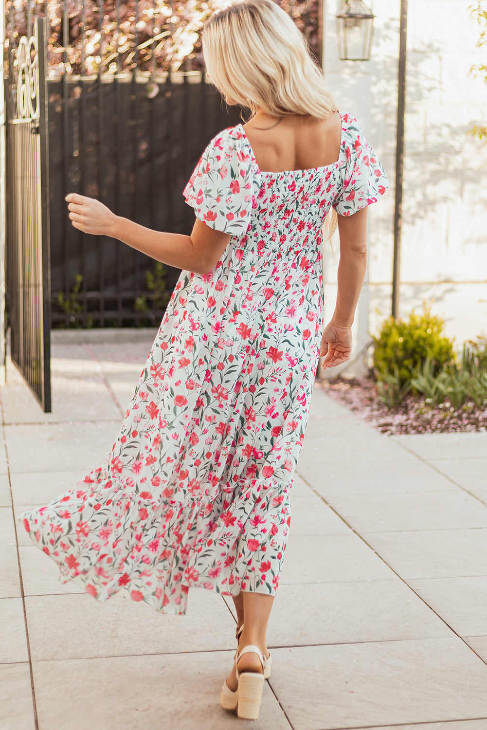 Women's Pink Floral Puff Sleeve Summer Maxi Dress