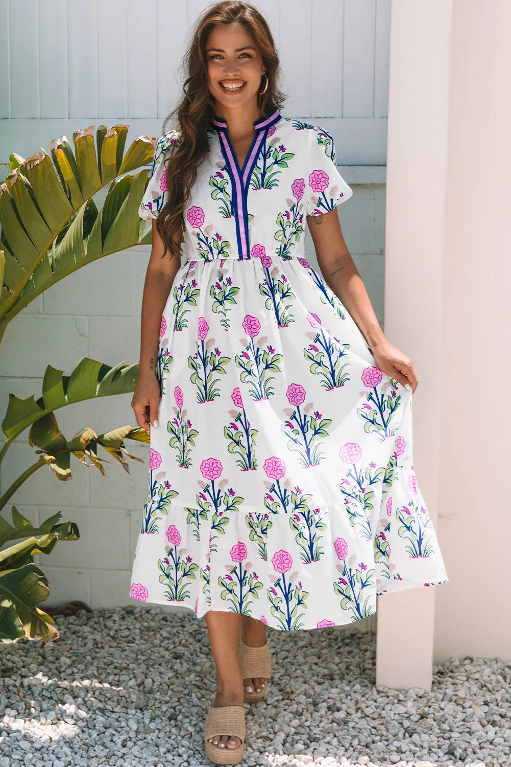 Floral Puff Sleeve Maxi Dress with Pockets