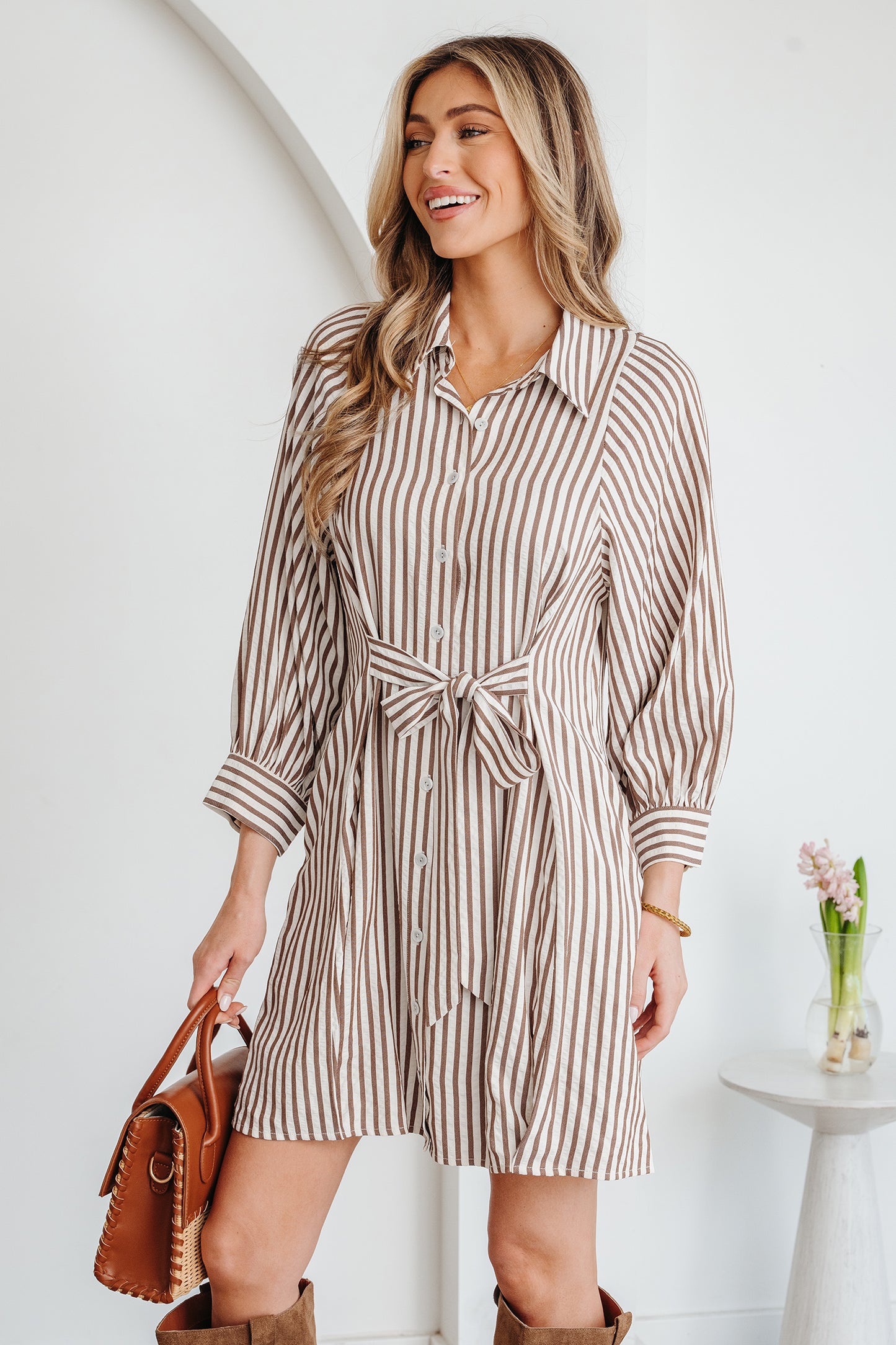 Women's Brown Stripe Puff Sleeve Summer Mini Dress