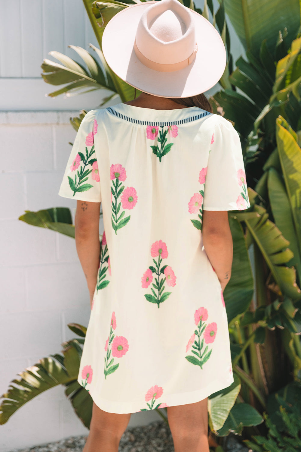 Women's White Floral Short Sleeve Split Neck Loose Summer Mini Dress