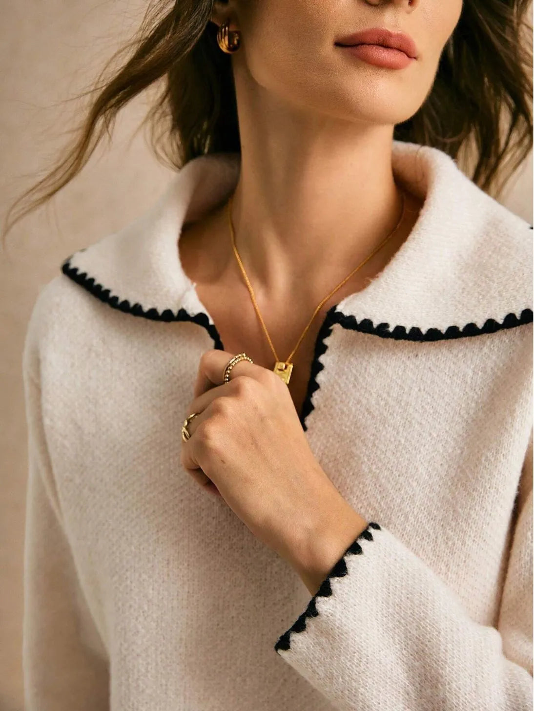 Blanket Stitch Open Collar Cropped Knit Jumper