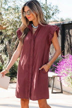 Red Sandalwood Frilled Detail Button Down Ruffle Short Sleeve Denim Mini Dress