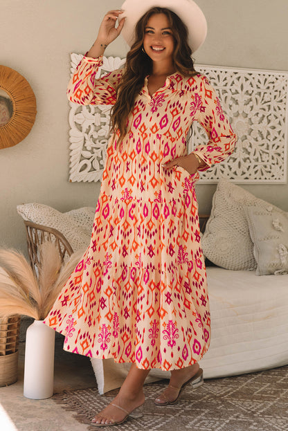Women's Orange Western Abstract Geometric Summer Midi Dress