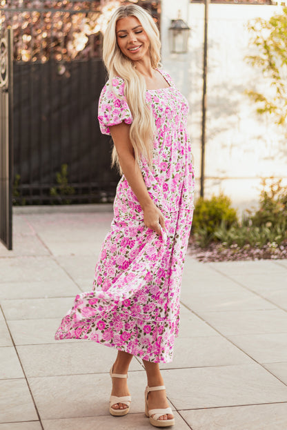 Women's Pink Floral Puff Sleeve Summer Midi Dress