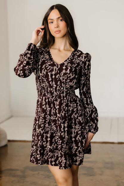 Women's Brown Floral Long Sleeve Summer Mini Dress