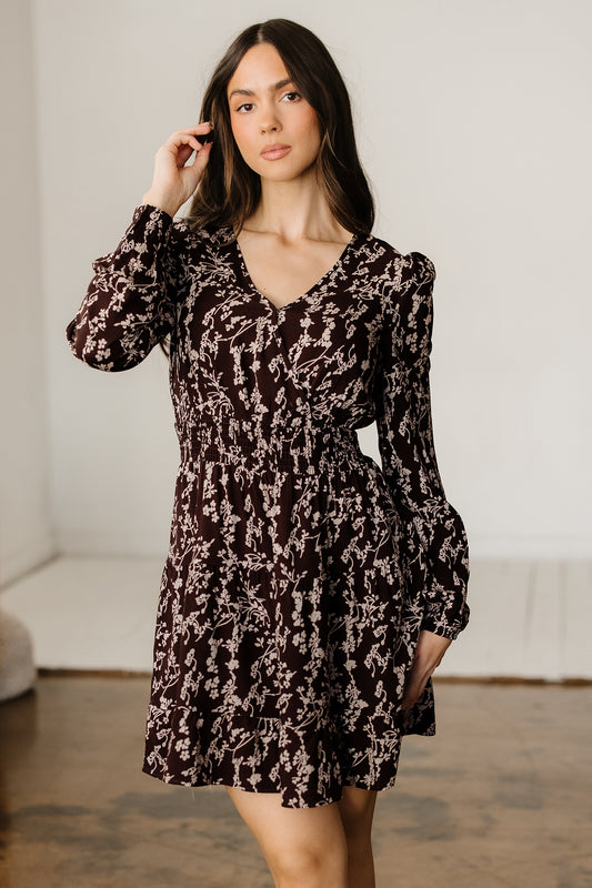 Women's Brown Floral Long Sleeve Summer Mini Dress