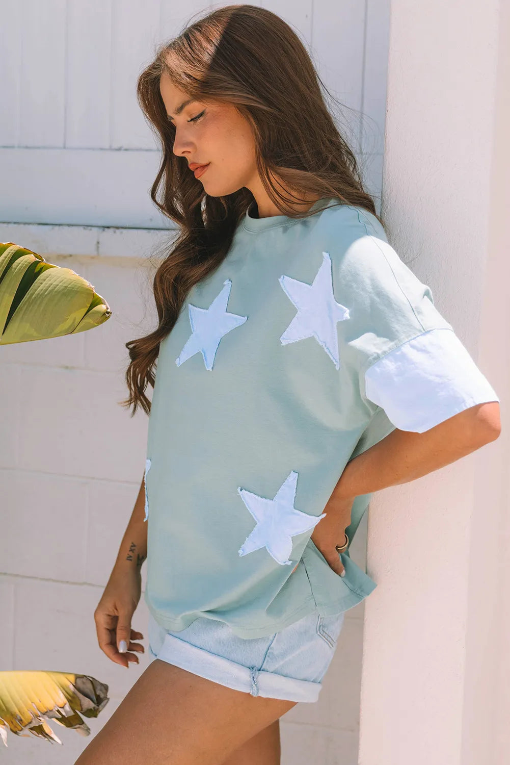 Oversized T-Shirt with Star Patches and Contrast Sleeves