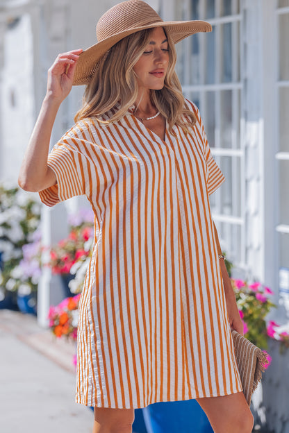 Women's Brown Stripe Pinched V Neck Summer Mini Dress