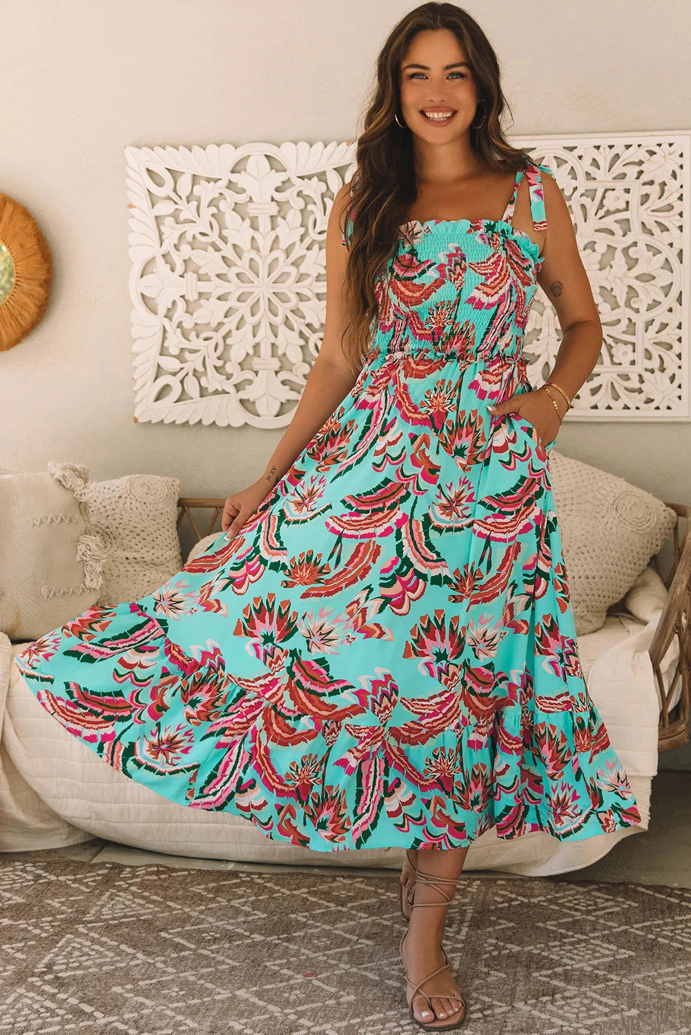 Green Abstract Smocked Maxi Dress with Knotted Straps