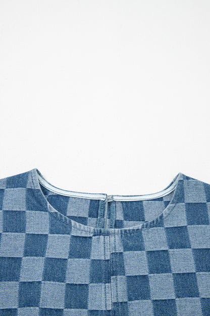 Women's Blue Frayed Hem Checkered Denim Summer Mini Dress