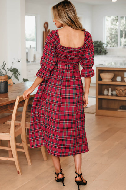 Women's Red Square Neck Puff Sleeve Summer Midi Dress
