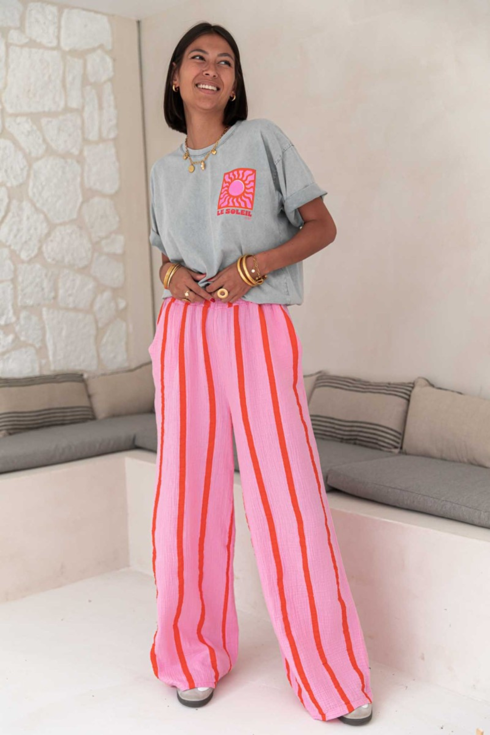 Pink Striped Wide-Leg Trousers with Elastic Waist