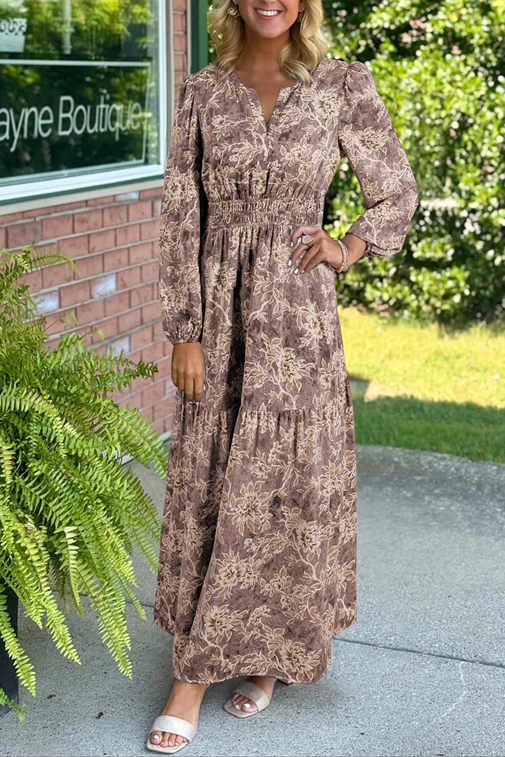 Women's Brown Floral Long Sleeve Summer Maxi Dress