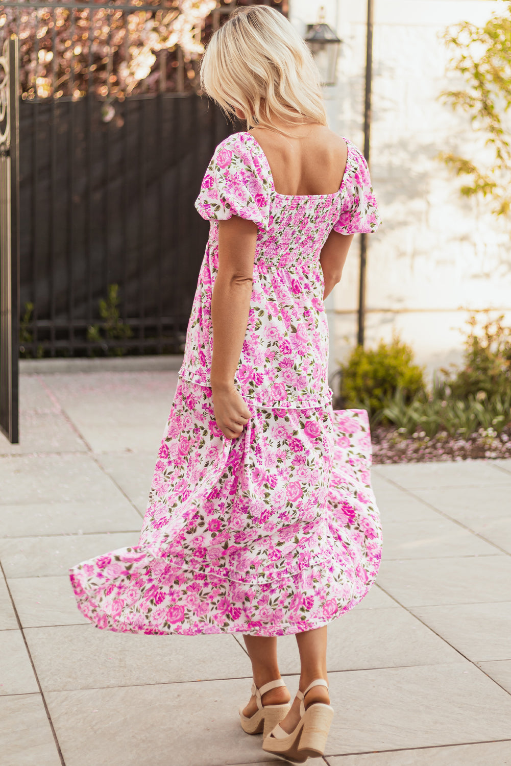 Women's Pink Floral Puff Sleeve Summer Midi Dress