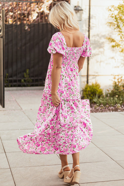 Women's Pink Floral Puff Sleeve Summer Midi Dress
