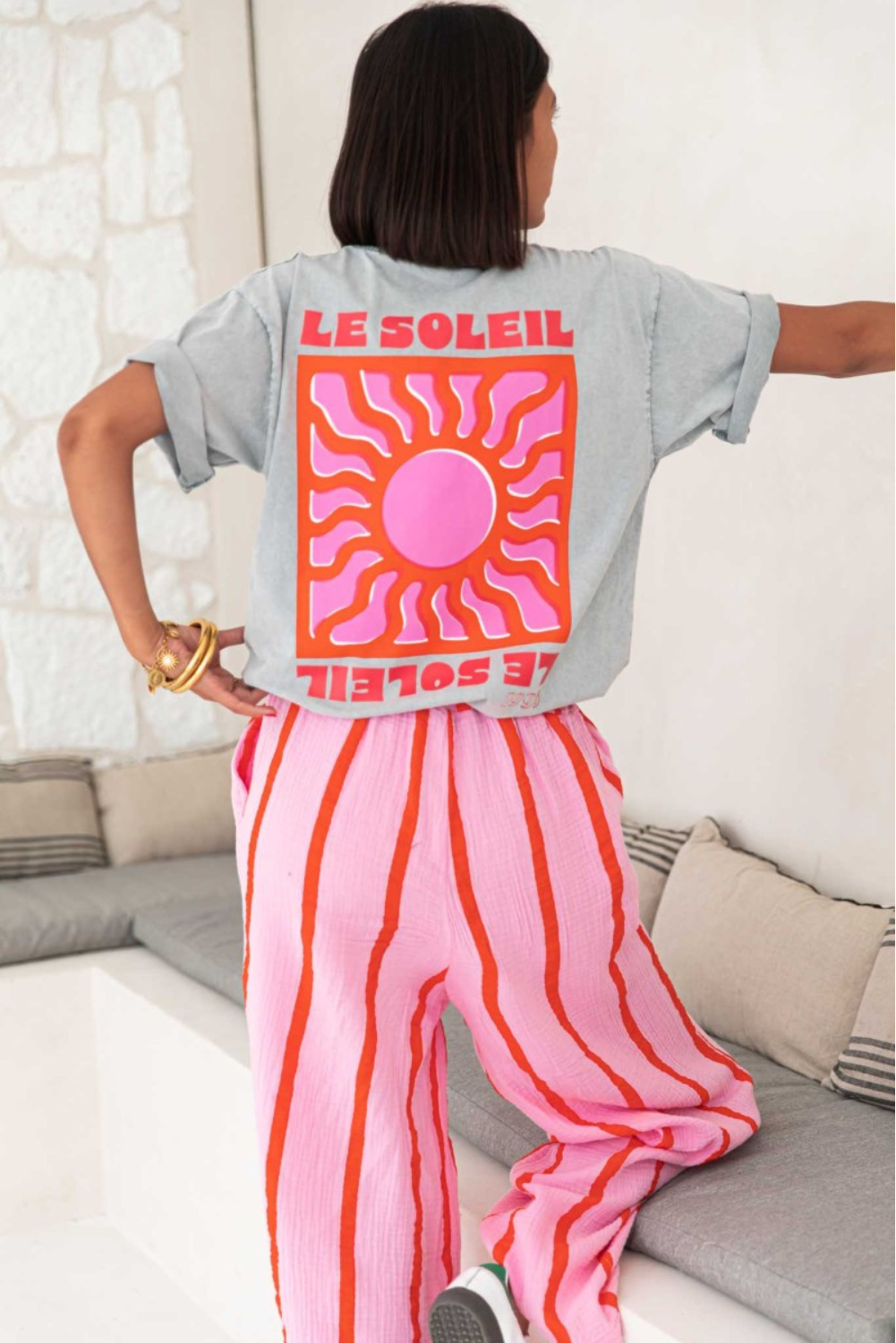 Pink Striped Wide-Leg Trousers with Elastic Waist