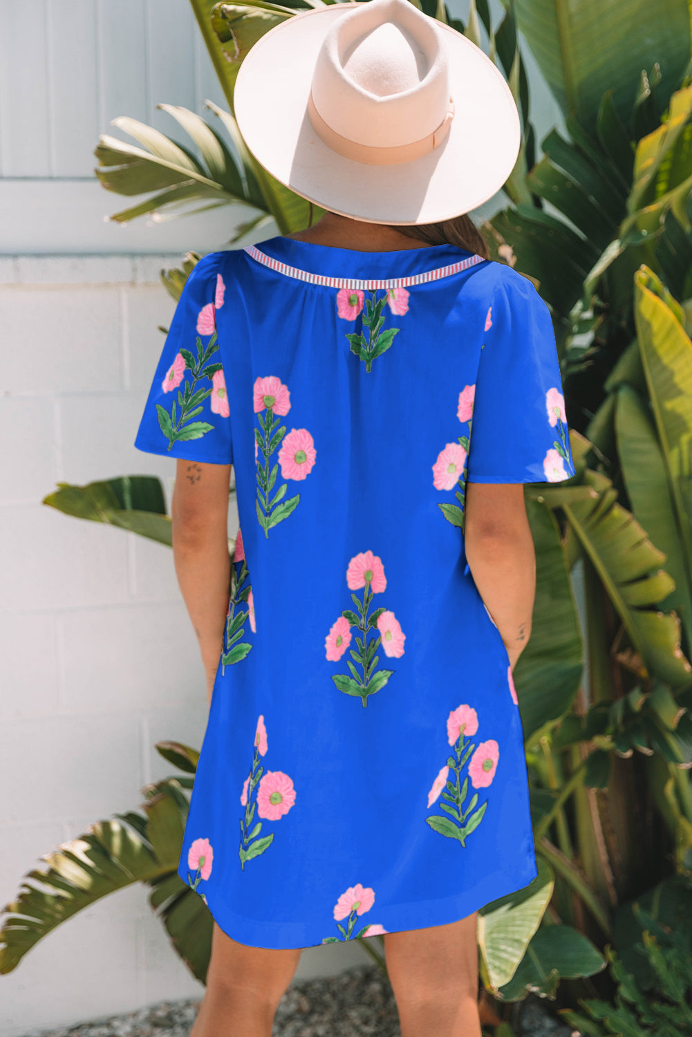 Women's Blue Floral Short Sleeve Split Neck Loose Summer Mini Dress