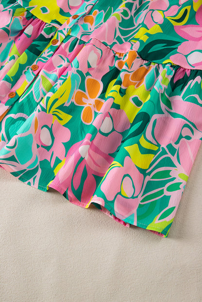 Women's Green Floral Puff Sleeve Summer Mini Dress