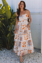 Orange Multi Print Maxi Dress with Ricrac Trim