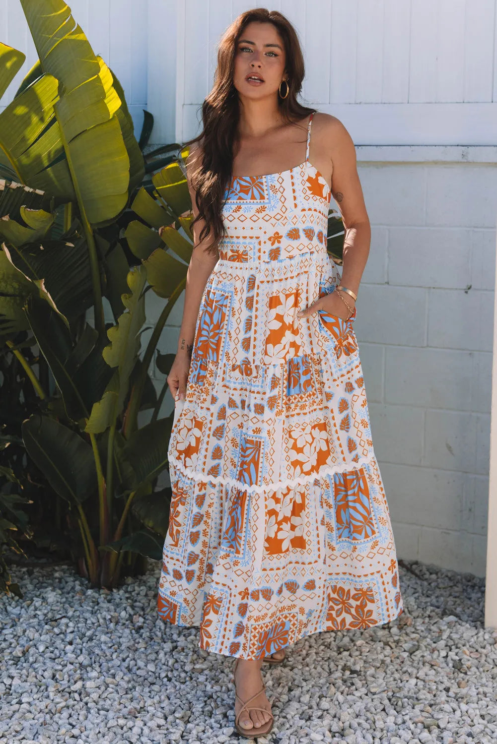 Orange Multi Print Maxi Dress with Ricrac Trim