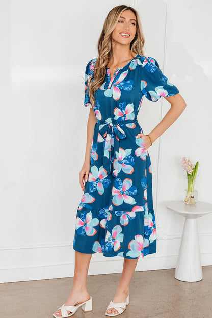 Women's Blue Floral Short Puff Sleeve Summer Midi Dress