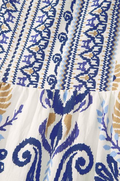 Women's Blue Boho Floral Ruffled Sleeve Summer Mini Dress