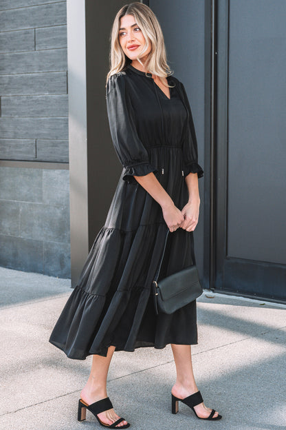 Women's Black Flounced Bracelet Sleeve Summer Midi Dress