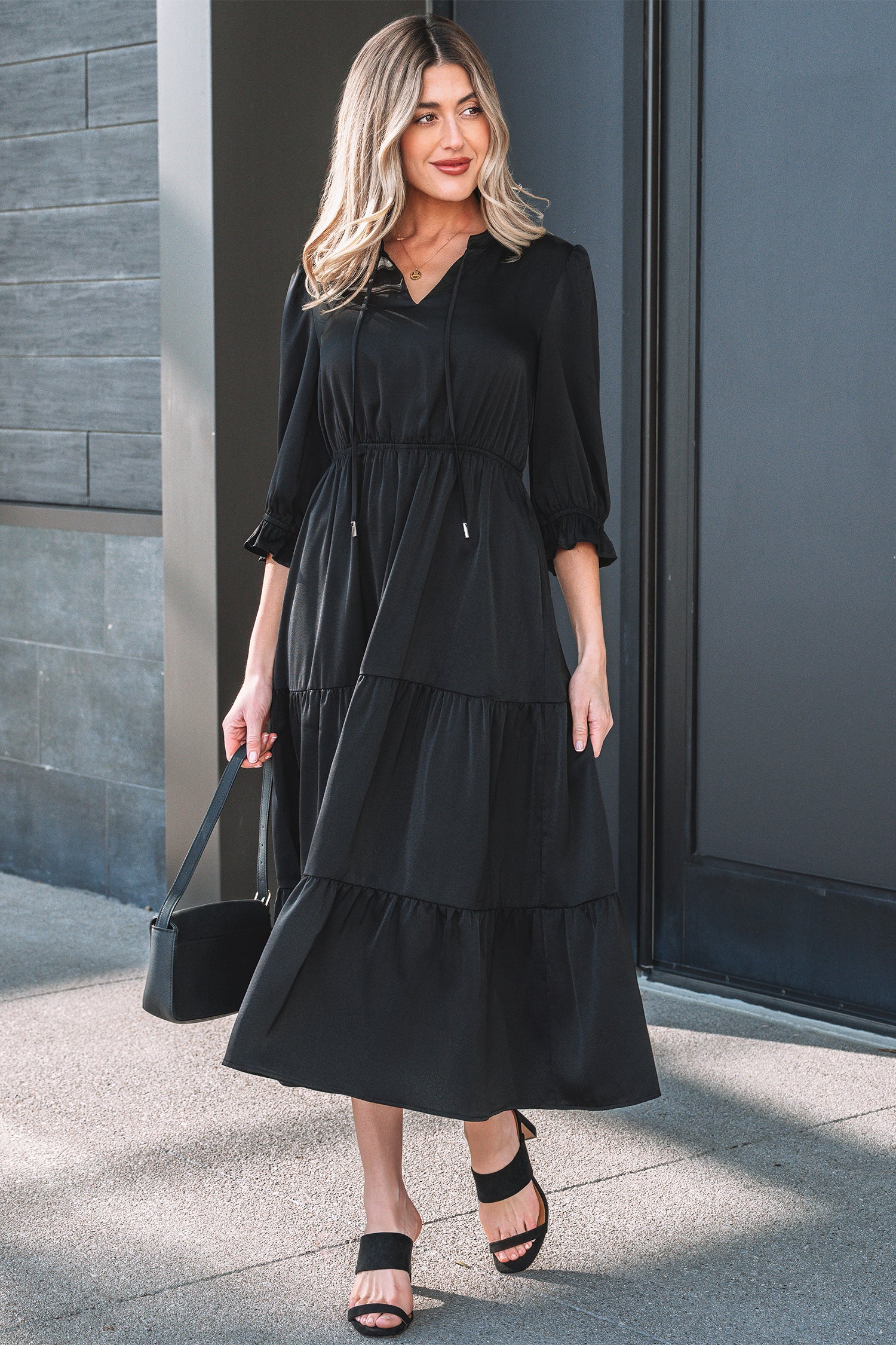 Black Flounced Bracelet Sleeve V Neck Tiered Maxi Dress