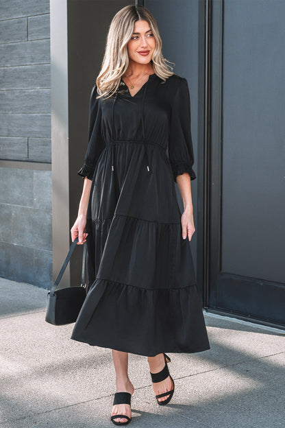Women's Black Flounced Bracelet Sleeve Summer Midi Dress