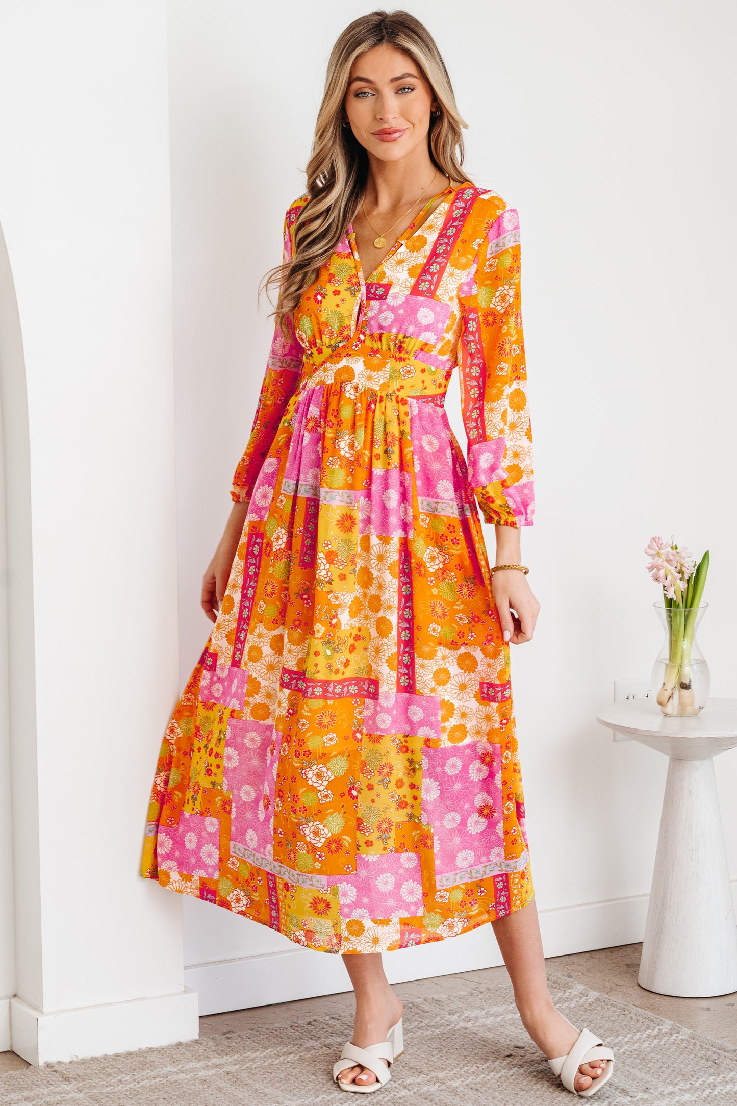Women's Orange Floral Long Sleeve Summer Midi Dress