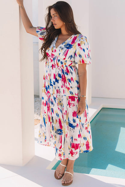 Women's Rose Abstract Print Short Puff Sleeve Summer Maxi Dress