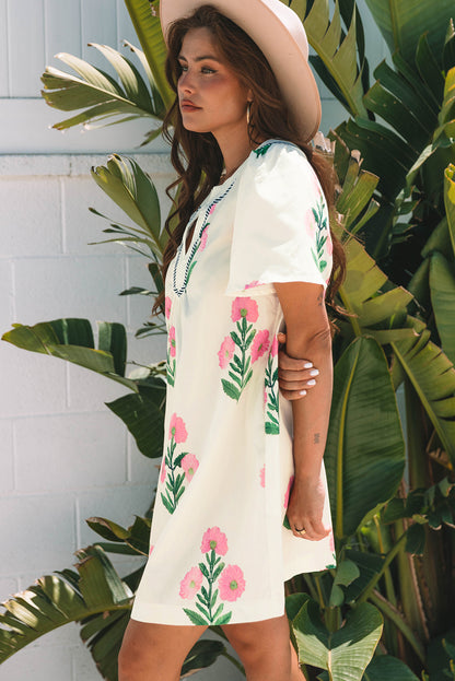 Women's White Floral Short Sleeve Split Neck Loose Summer Mini Dress