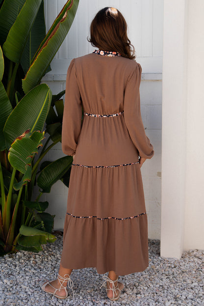 Women's Brown Floral Notched Neck Long Sleeve Summer Maxi Dress