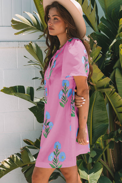 Women's Pink Floral Short Sleeve Split Neck Loose Summer Mini Dress