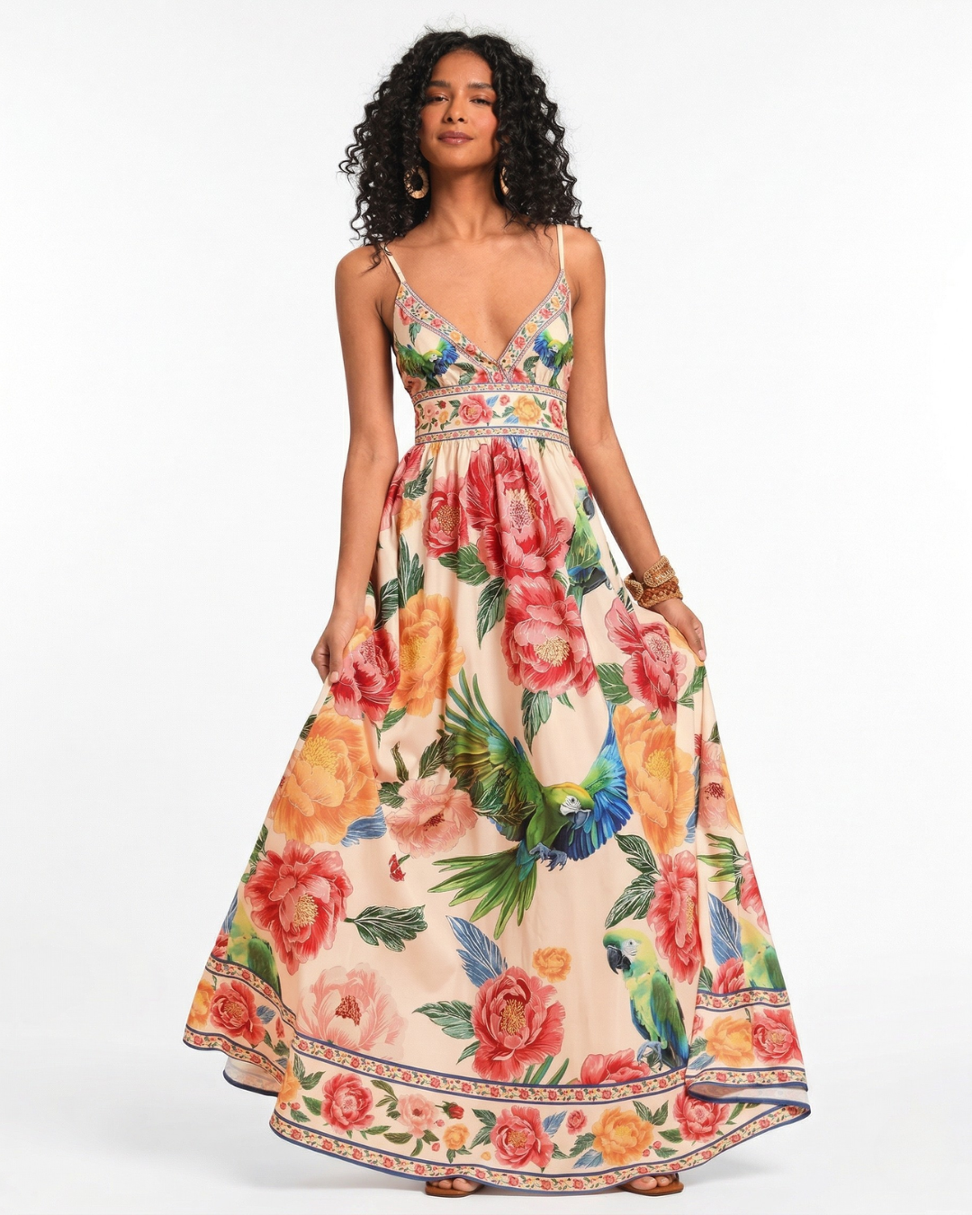 Woman wearing a floral dress on a white background