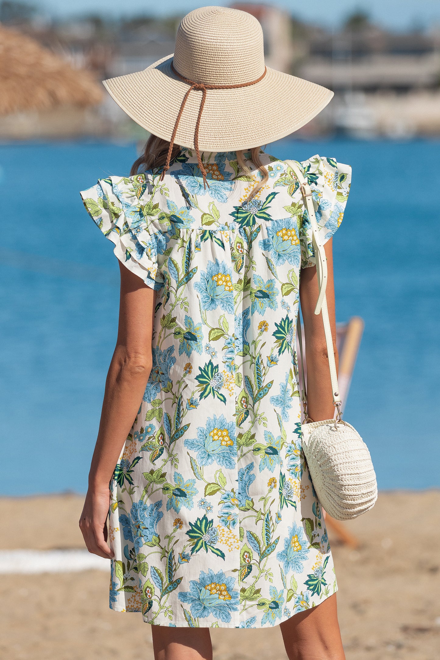 Women's Beige Floral V Neck Short Sleeve Summer Mini Dress