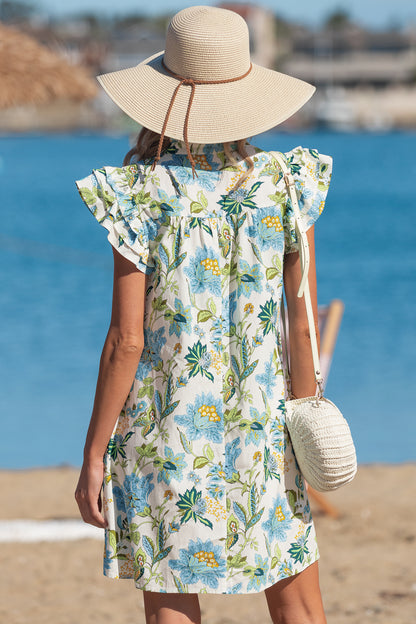 Women's Beige Floral V Neck Short Sleeve Summer Mini Dress