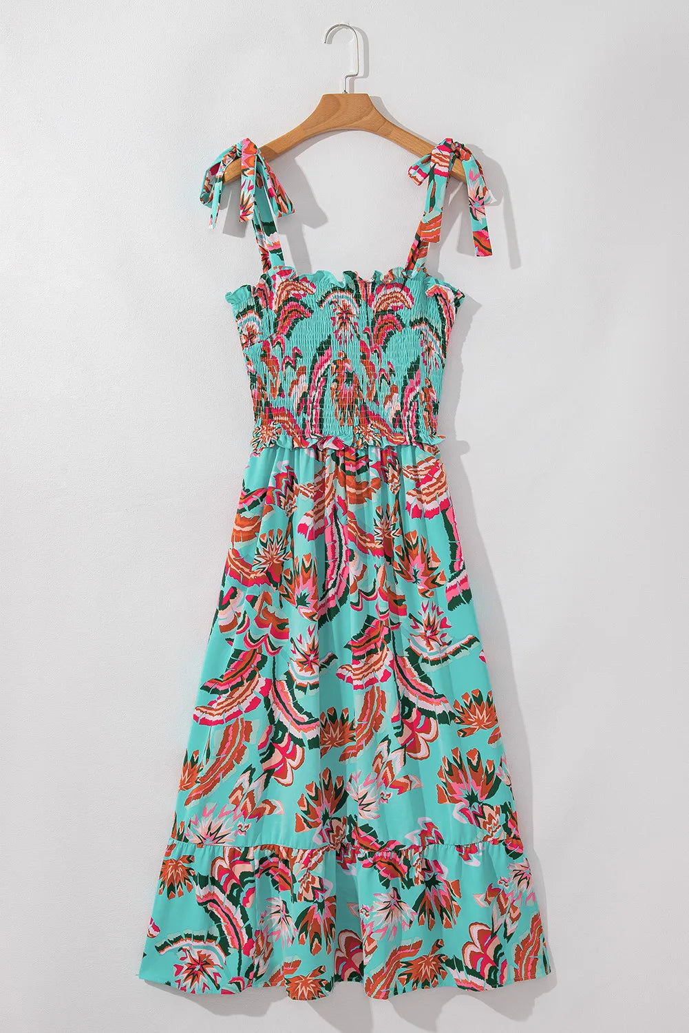 Green Abstract Smocked Maxi Dress with Knotted Straps