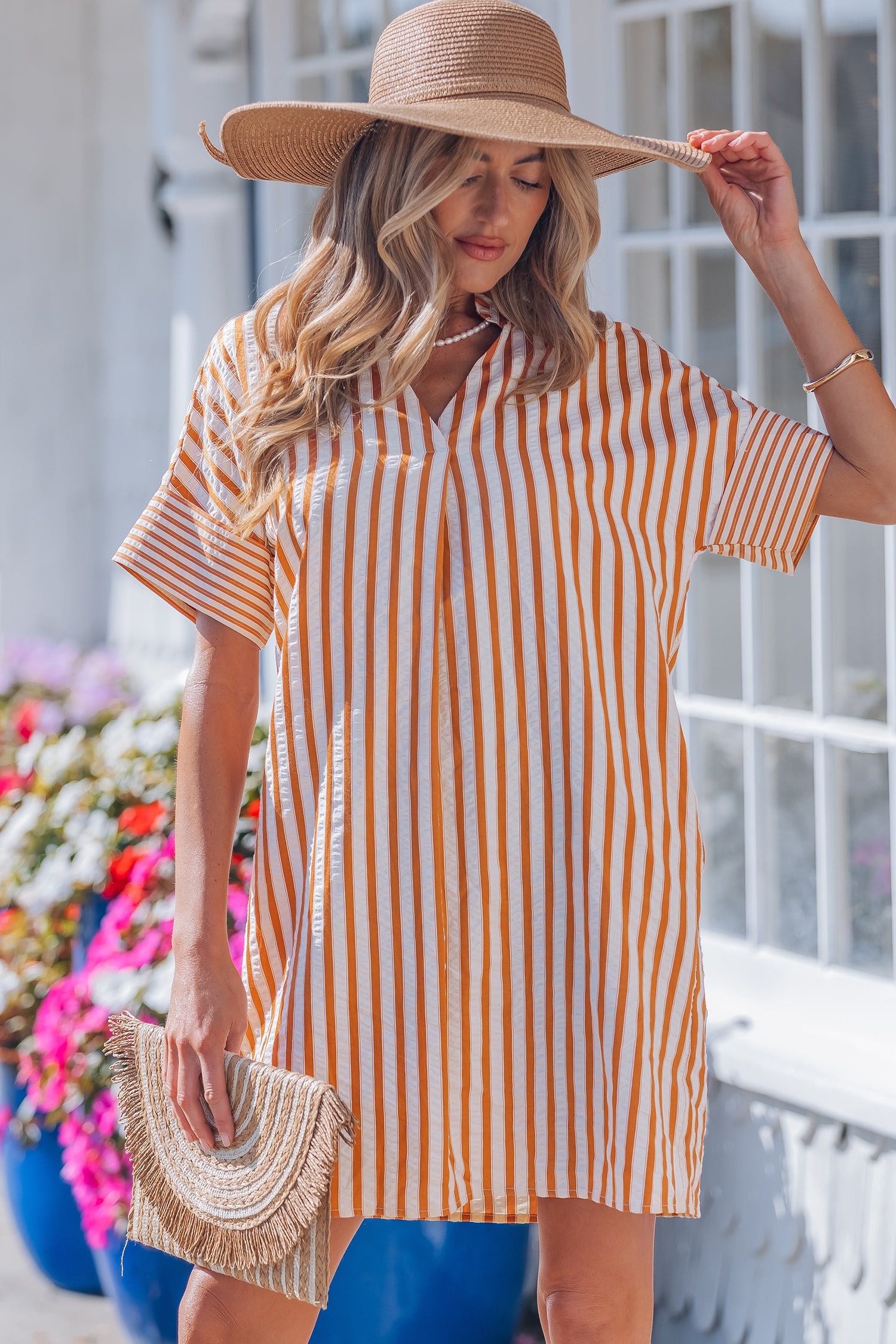 Brown Stripe Pinched V Neck Turn-up Cuffs Shift Mini Dress