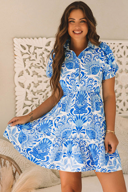 Women's Blue Retro Floral Print Waist Ruffled Summer Mini Dress