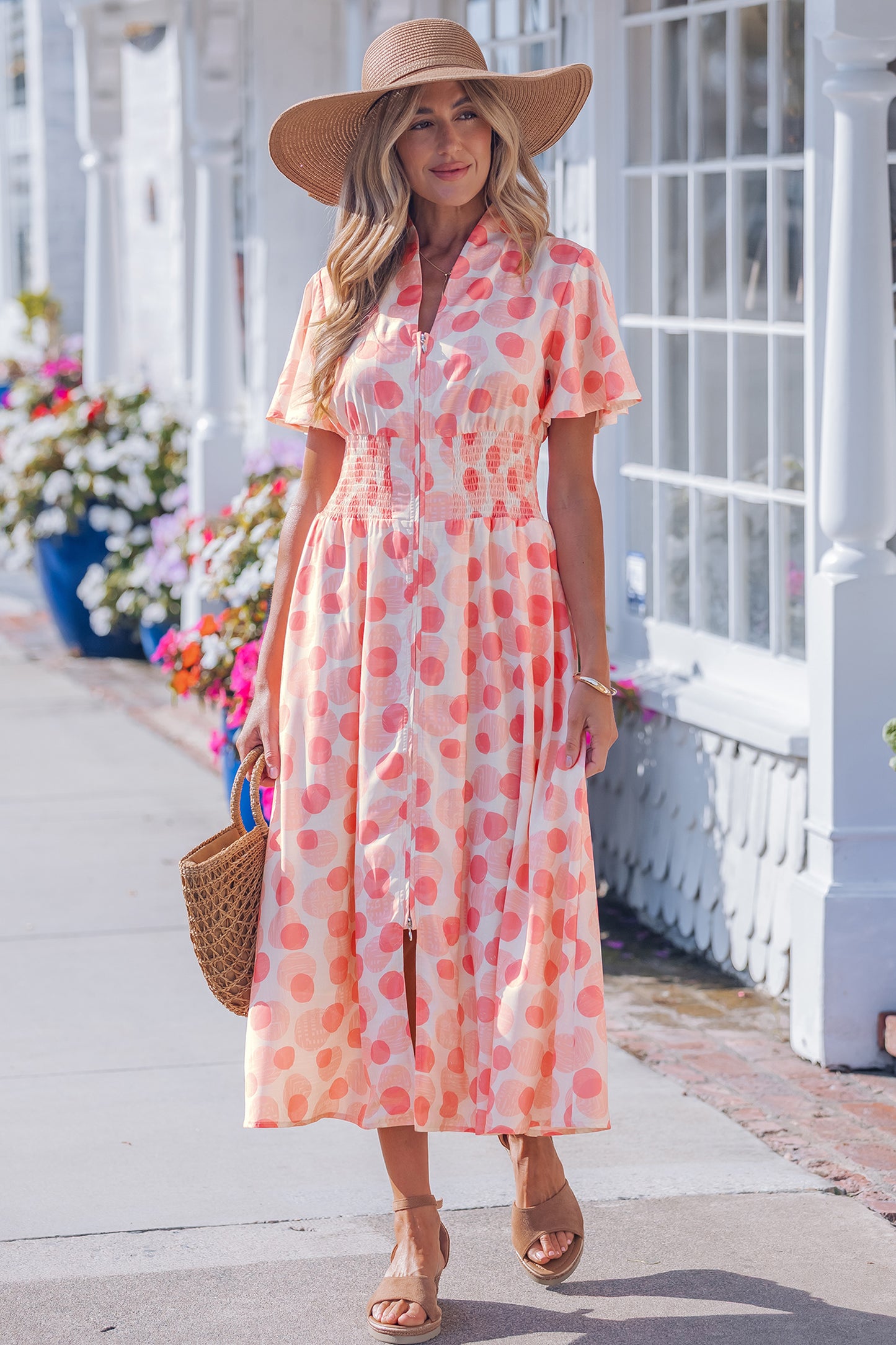 Women's Pink Polka Dot Ruffle Sleeve Summer Midi Dress