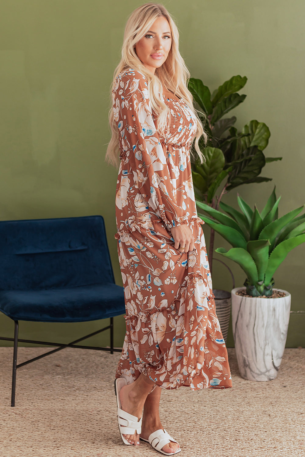 Women's Brown Floral Square Neck Summer Midi Dress
