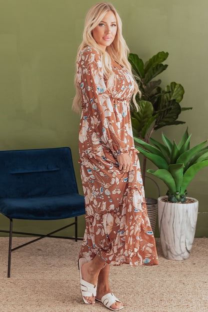 Women's Brown Floral Square Neck Summer Midi Dress
