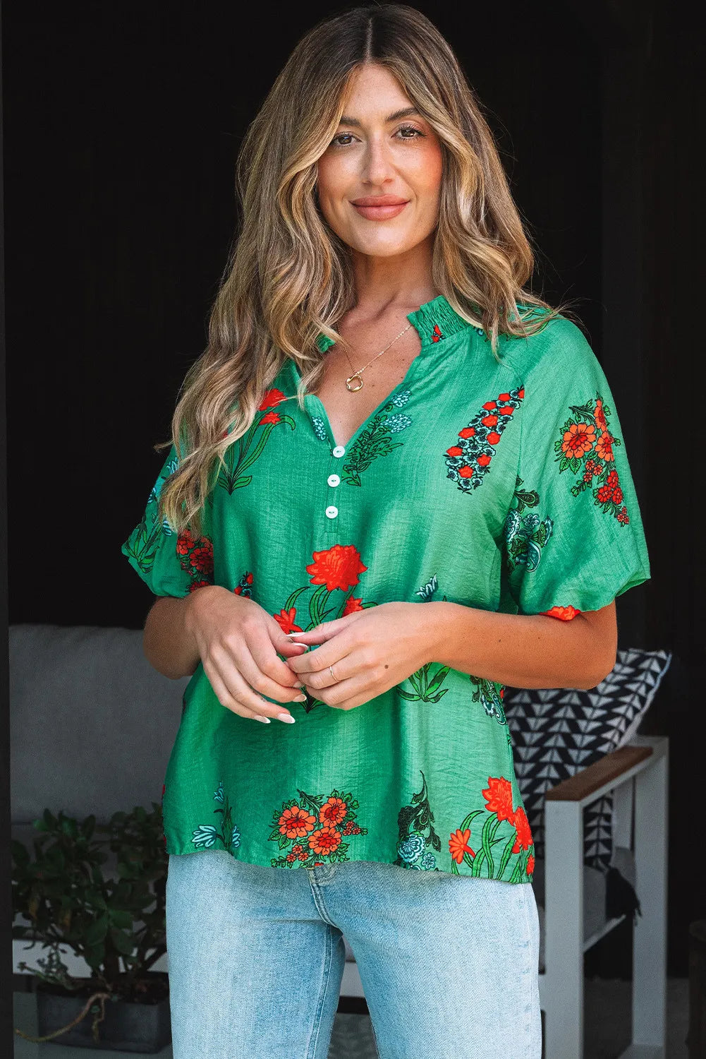 Green Floral V-Neck Blouse with Button Detail