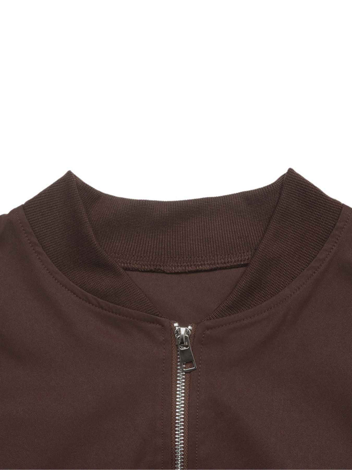 Close-up of a dark brown ribbed knit collar with a silver metal zipper on a plain white background.